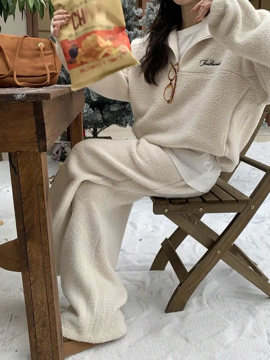 

Women Sherpa Fleece Sweatshirt And Casual Pants 2 Piece Set Autumn Winter Lounge Wear