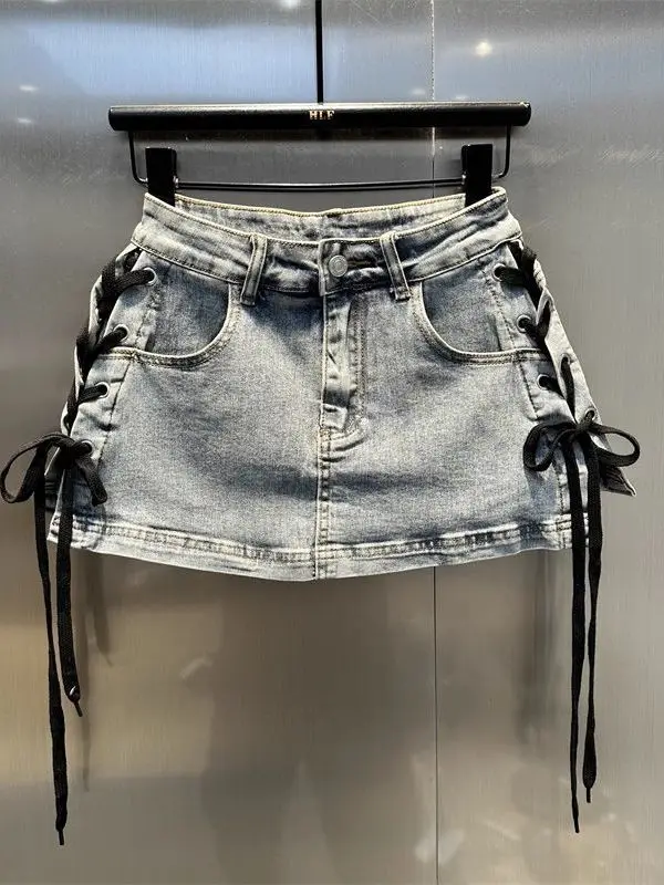 

Trendy Belted Leopard Print Denim Skirt Women's Spring Summer High Waist American Retro Style Office Commute Skirt