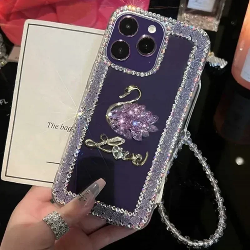 Luxury Jewelled Crystal Swan Phone Cover with Glitter and Chain Strap for Apple iPhone 16 12 13 14 15 Plus Pro Max