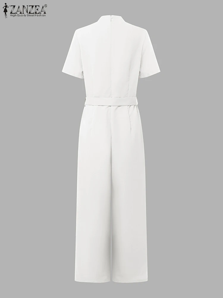 ZANZEA الشارع موضة عالية الخصر حللا النساء ملابس العمل حزام السروال القصير الصلبة العميق الخامس الرقبة أنيقة مكتب سيدة وزرة طويلة #5