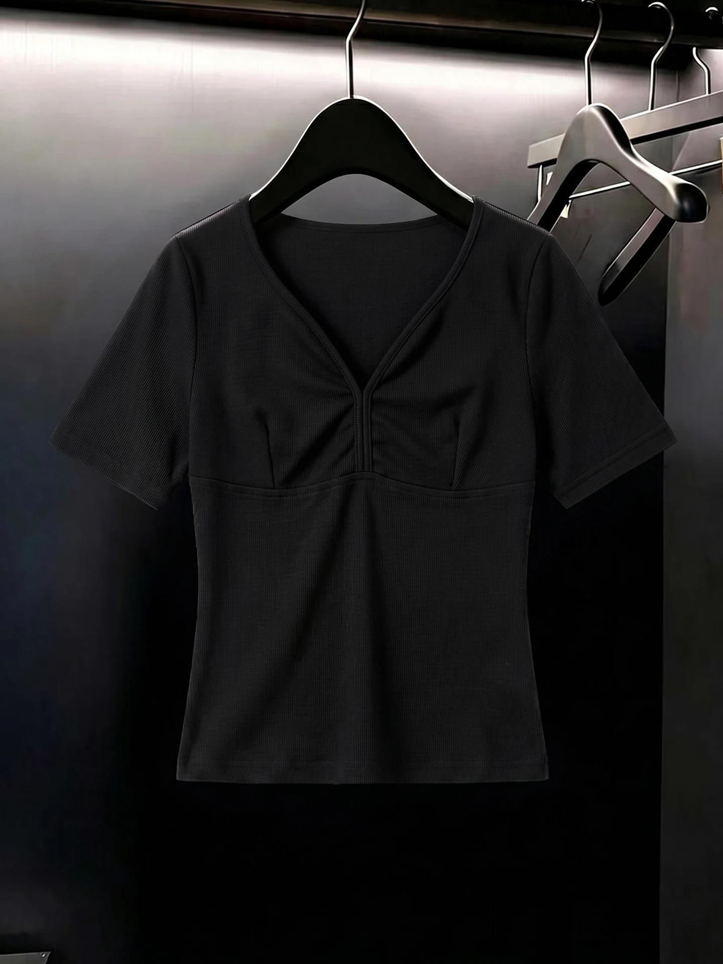 

Black V-Neck Short Sleeve Top Versatile Soft Summer Fashion T-Shirt Slimming Elegant Simple Style Women's plus Size Inner Wear