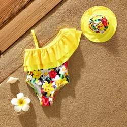 PatPat Sweet Tropical Ruffle Girl Swimsuit Set - 2pcs Suitable for Summer Season Soft and Comfortable Basic Style