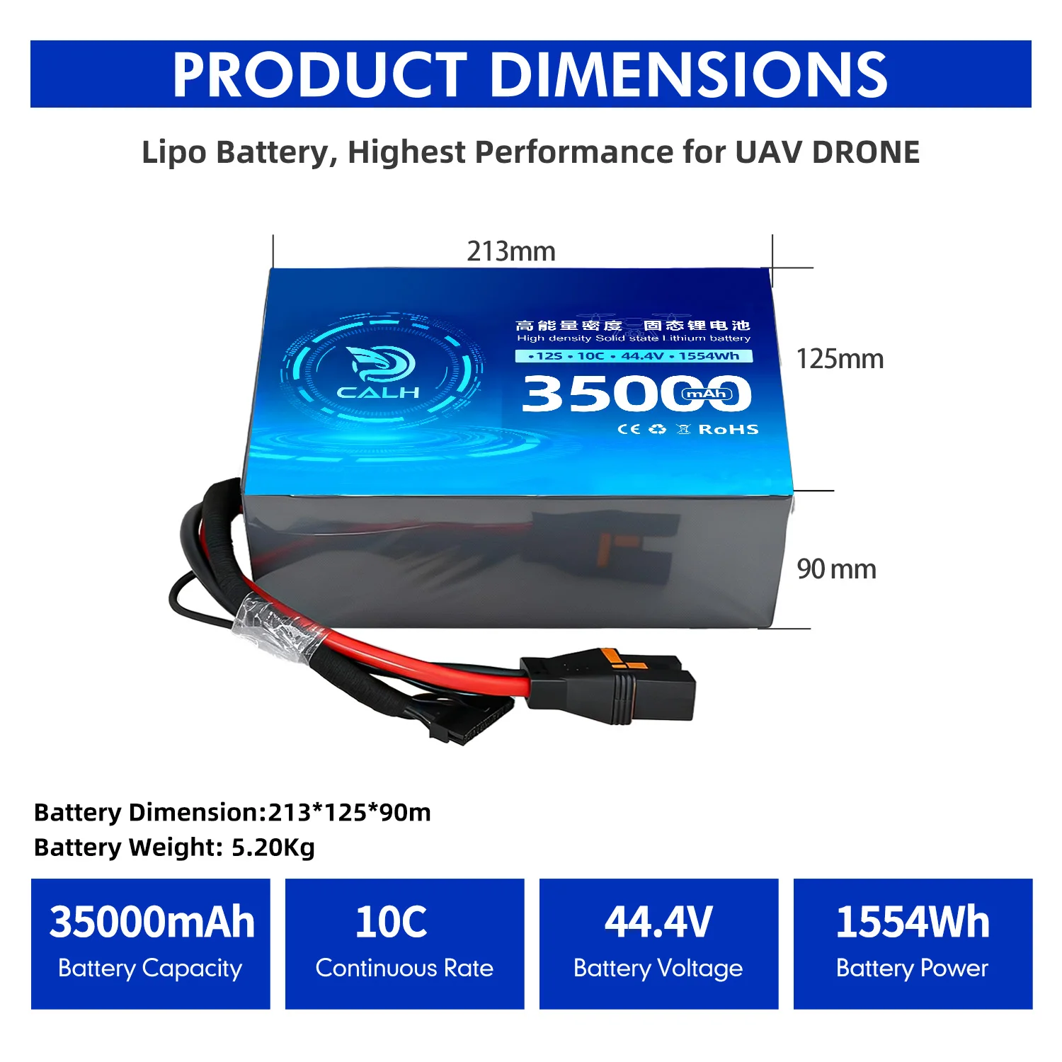 CALH High Energy Density 'Drone Battery 12S 44.4V 35000mAh 10C High Voltage RC Lipo Battery with Connector for FPV UAV