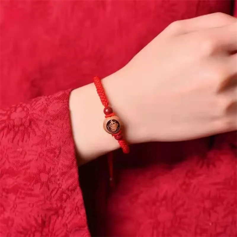 Peach Wood Zodiac Bracelet This Animal Year Red Rope Bracelet Women's High-Content Cinnabar Bracelet Carrying Strap