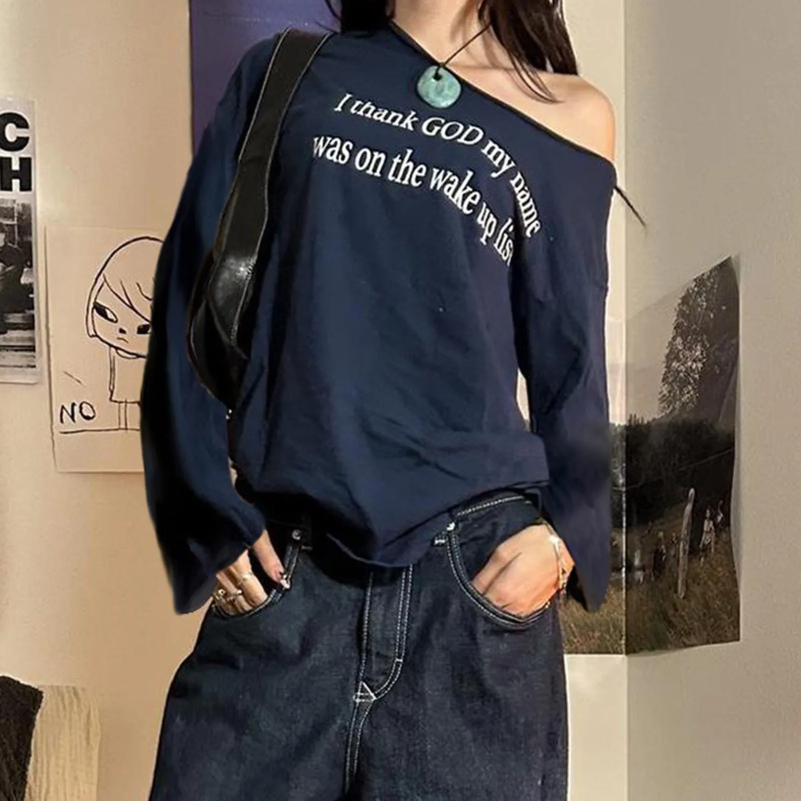 Y2k Women Graphic Long Sleeve T-Shirt Letter Print Loose T Shirts Streetwear Grunge Round Neck Tees Tops Playeras Mujer