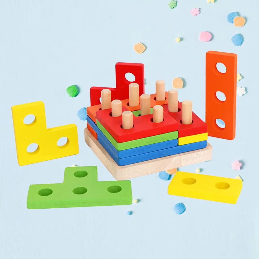 1Set Wooden Geometric Matching Board Stack Sort Chunky Puzzle for Children Develop Imagination Creativity Early Shape Color Size