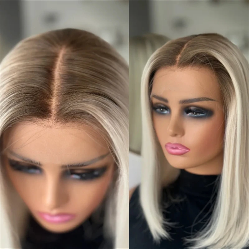 

12'' Short Women's Wig Ombre Icy Platinum Blonde Balayage Luxury Synthetic Lace Front Wig White Wig For Daily Party Cosplay Use