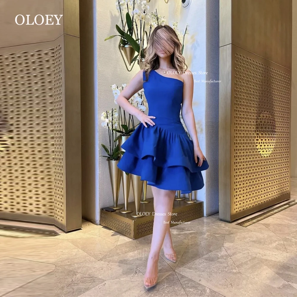 Oloey Vintage blau kurze Abschluss ball Party dreses Saudi-Arabisch eine Schulter gestufte Mini-Cocktail kleid Nacht Event formelle Kleider