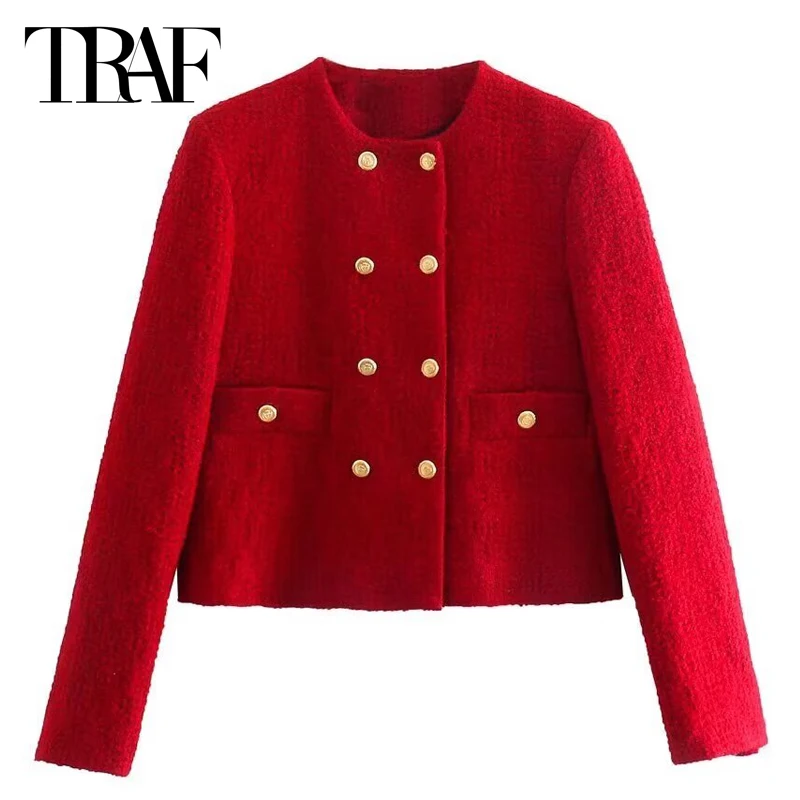 TRAF 2024 Woman Tweed Textured Outerwears Women\'s Blazers Office Wear Women Red Double-Breasted Long Sleeve Blazers Fashion Coat