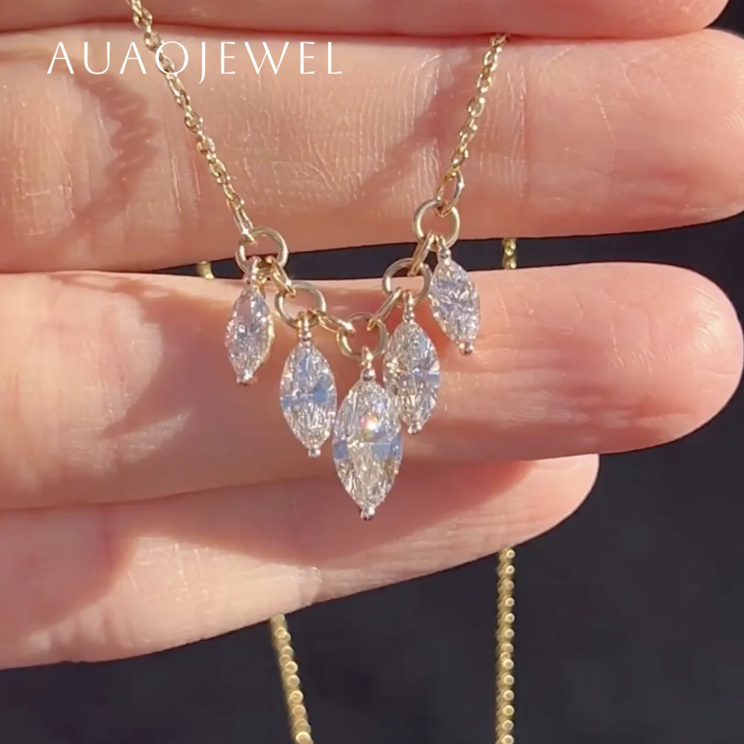 

AUAOJEWEL Lab Diamond Fashion Necklace For Women Marquise Cut Pendant 925 Silver Original 9K Real solid Gold Jewelry Chain
