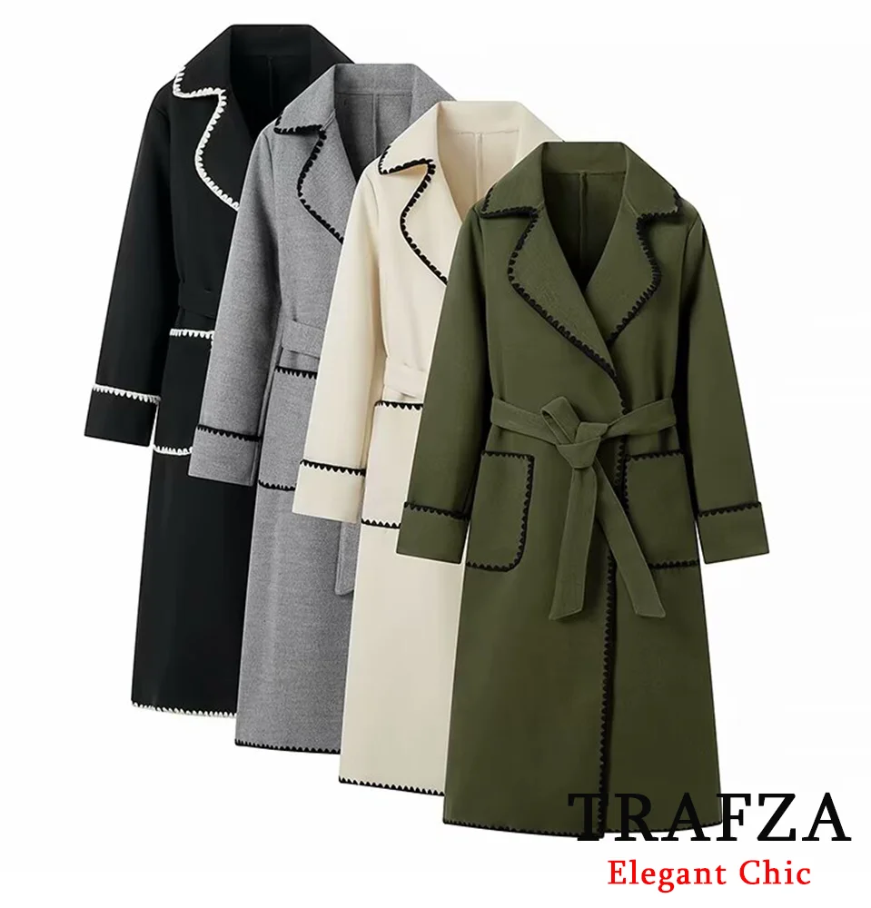 TRAFZA Casual Tweed Long Coat Women's Rolled Belt Lapel Lengthened Coat New 2024 Fall Winter Fashion Commuter Coat