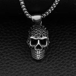 Fashion Creative Skull With Black Stone Pendant Stainless Steel Gothic Skeleton Necklace Punk Rock Party Men's Jewelry Wholesale
