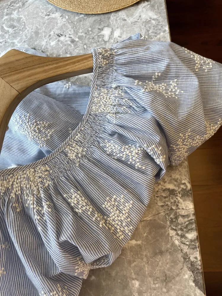 Holiday Style Cotton Retro Embroidery Shirt 2025 Spring And Autumn Tassel Lace Loose Long Sleeve Striped Shirt Blouse Beach Tops