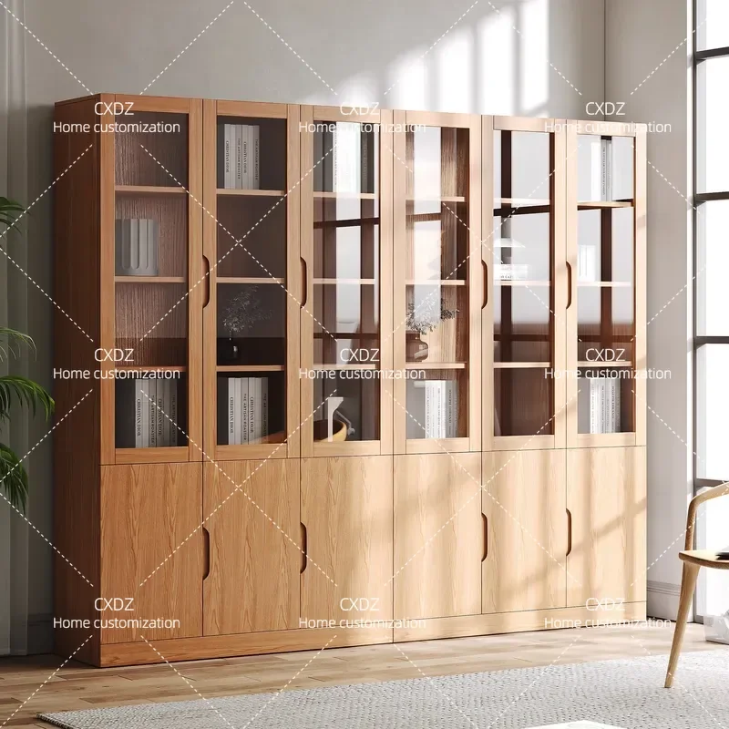 Solid Wood Oak Bookcase with Glass Door Modern Simple Home Bookshelf Nordic Style Floor to Ceiling Office File Cabinet