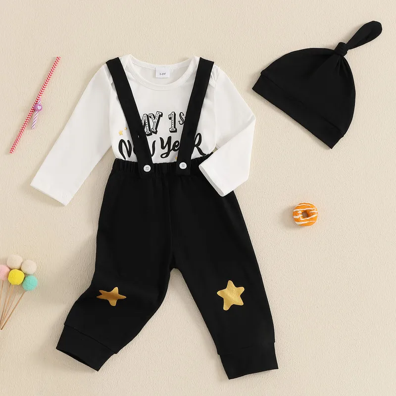 RUEWEY 0 to 18 Months Baby Boy New Year Pant Sets Spring Autumn Clothes Letter Long Sleeve Rompers and Star Overalls Hat