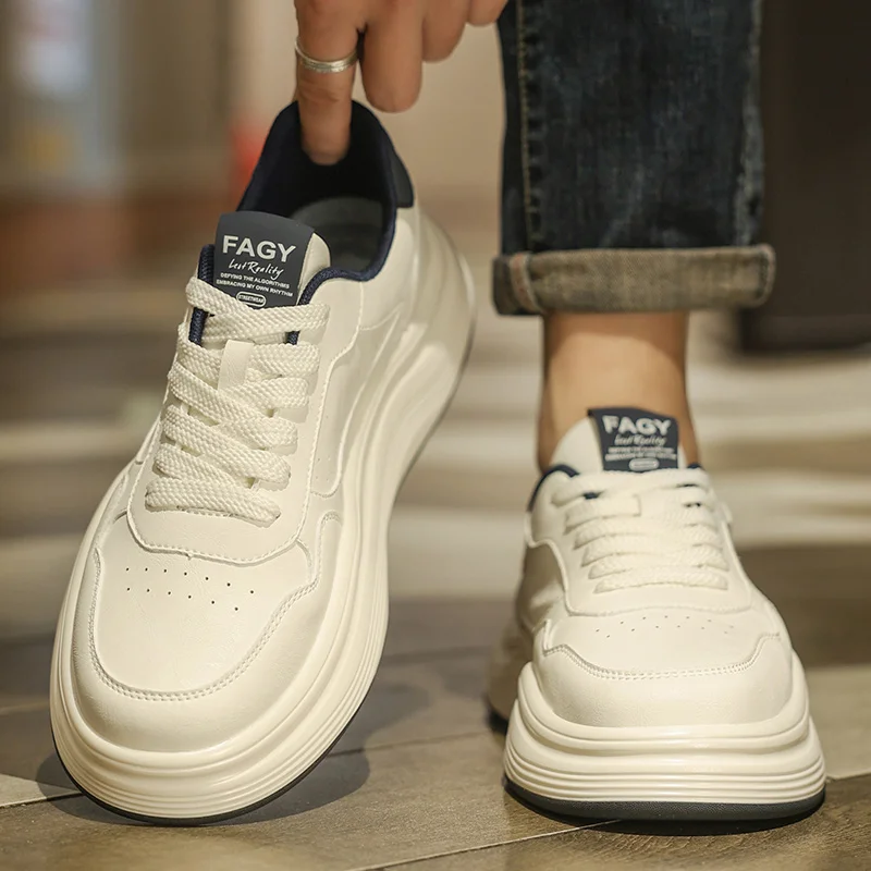 

Putian Men's Shoes Summer Leather Surface White Casual High-End Feeling Board Shoes Youth Thick Bottom Anti-Slip Versatile Sp...