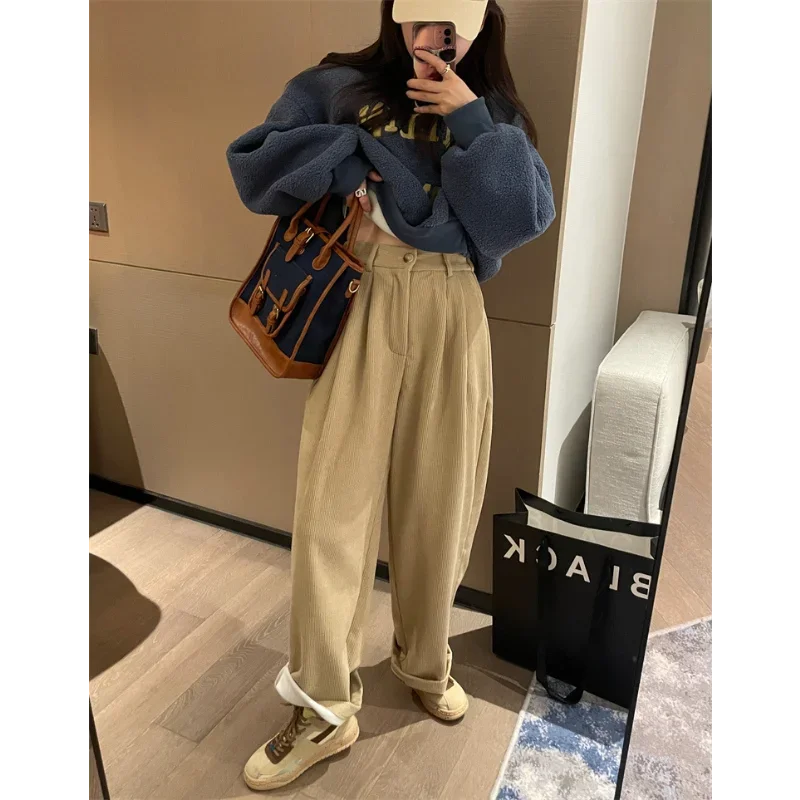 Corduroy Trousers Autumn Winter Women Long Pants High Waist Loose Solid Color Plus Velvet Thick Apricot Korean Ins Casual Bottom