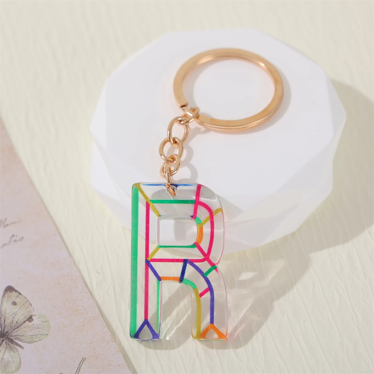 Alphabet Keychain, Transparent Letter Pendant With Line Pattern, 26 Initials Charm Durable Key Ring Accessory