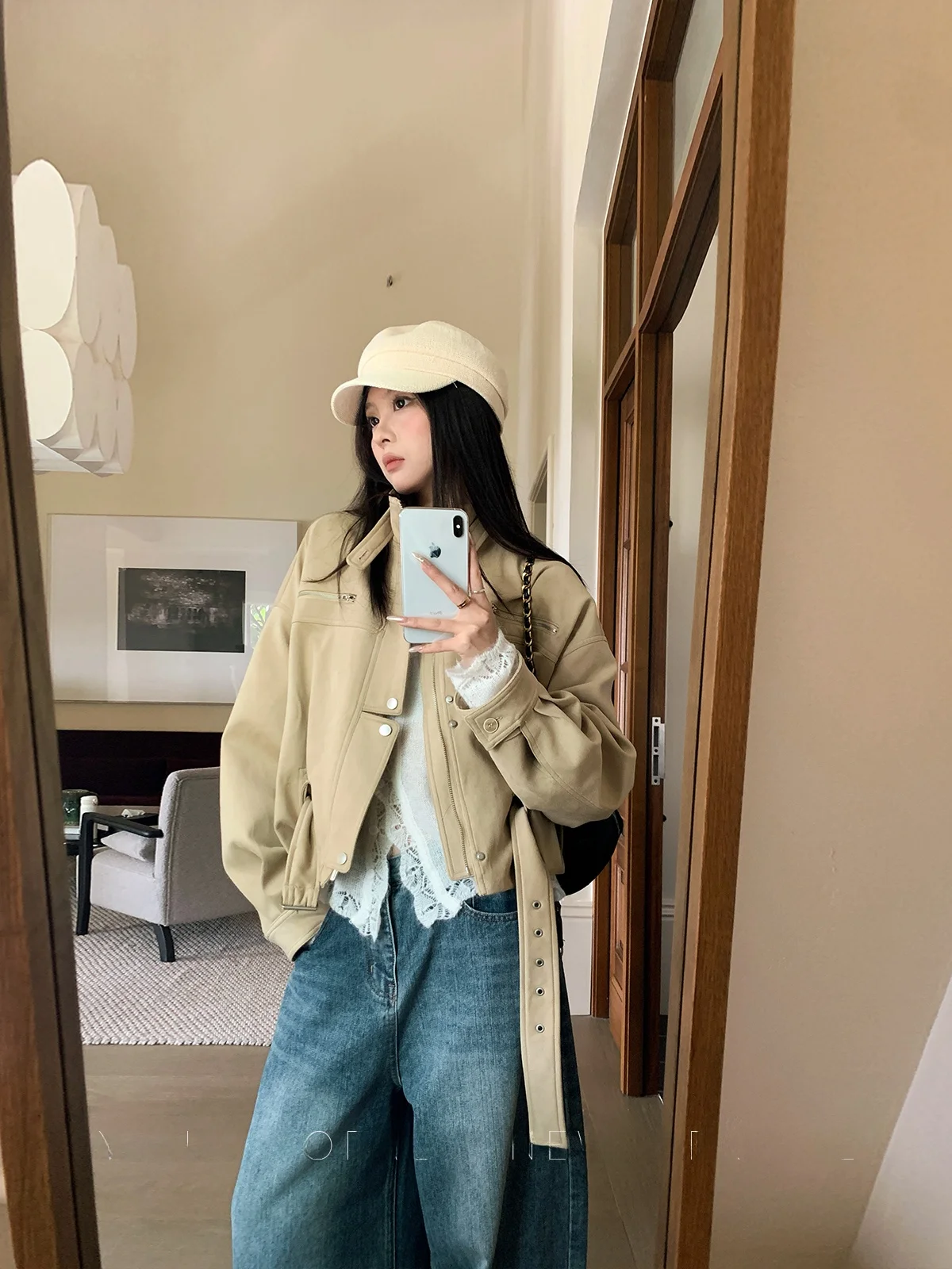 

Женская повседневная замшевая куртка цвета хаки с эффектом похудения, воротником-стойкой и оригинальным дизайном, осенняя новинка