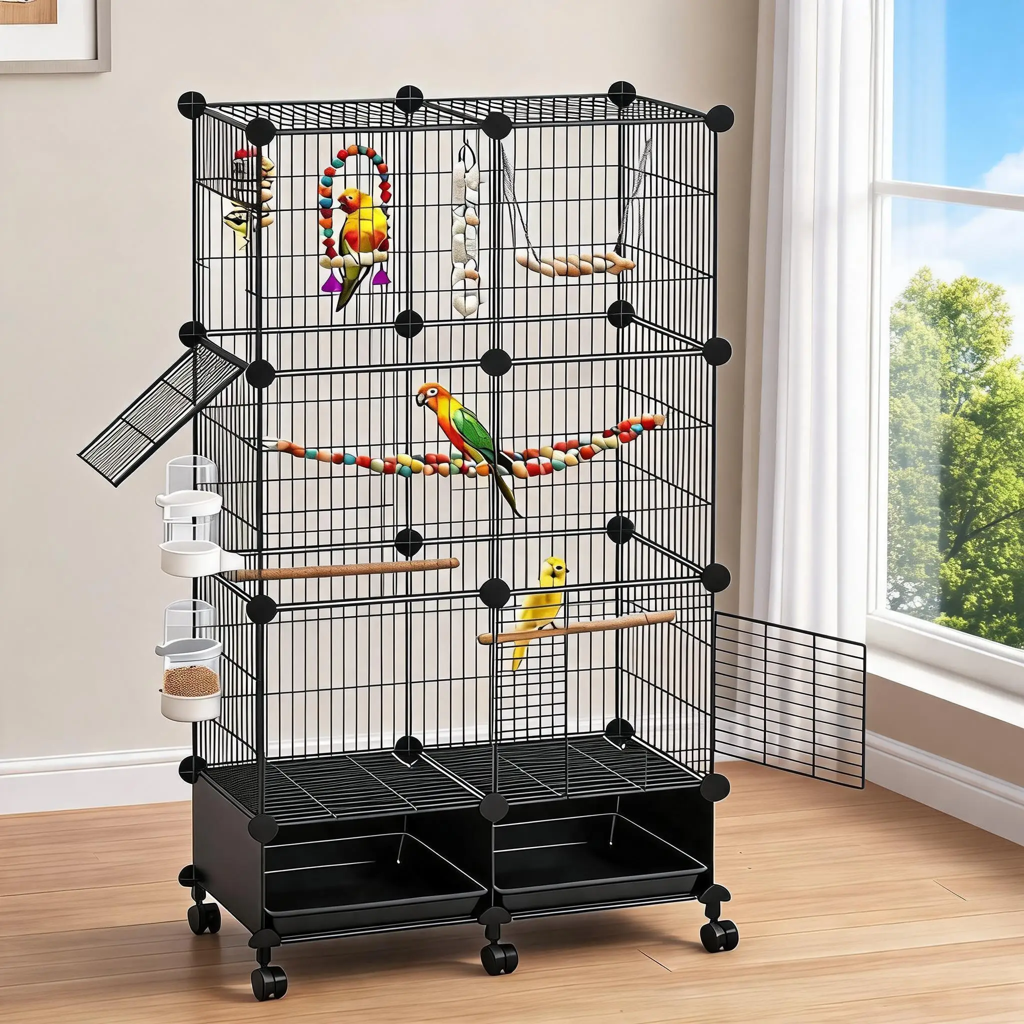 52''H Large Birdcage Metal Flight Cage for Small Mid-Sized Bird With Wheels, Water Bottle & Feeder, 4 Wooden Perches Slide-Out Tray for Parakeets Cockatiels Conures Lovebirds