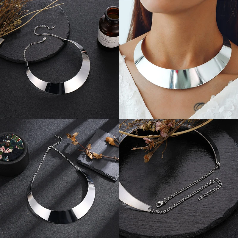 Women Exaggerated Necklace Chunky Metal Wire Torques Choker Collar Punk Gold Color Wide Smooth Chain Jewelry Hip-hop Accessories