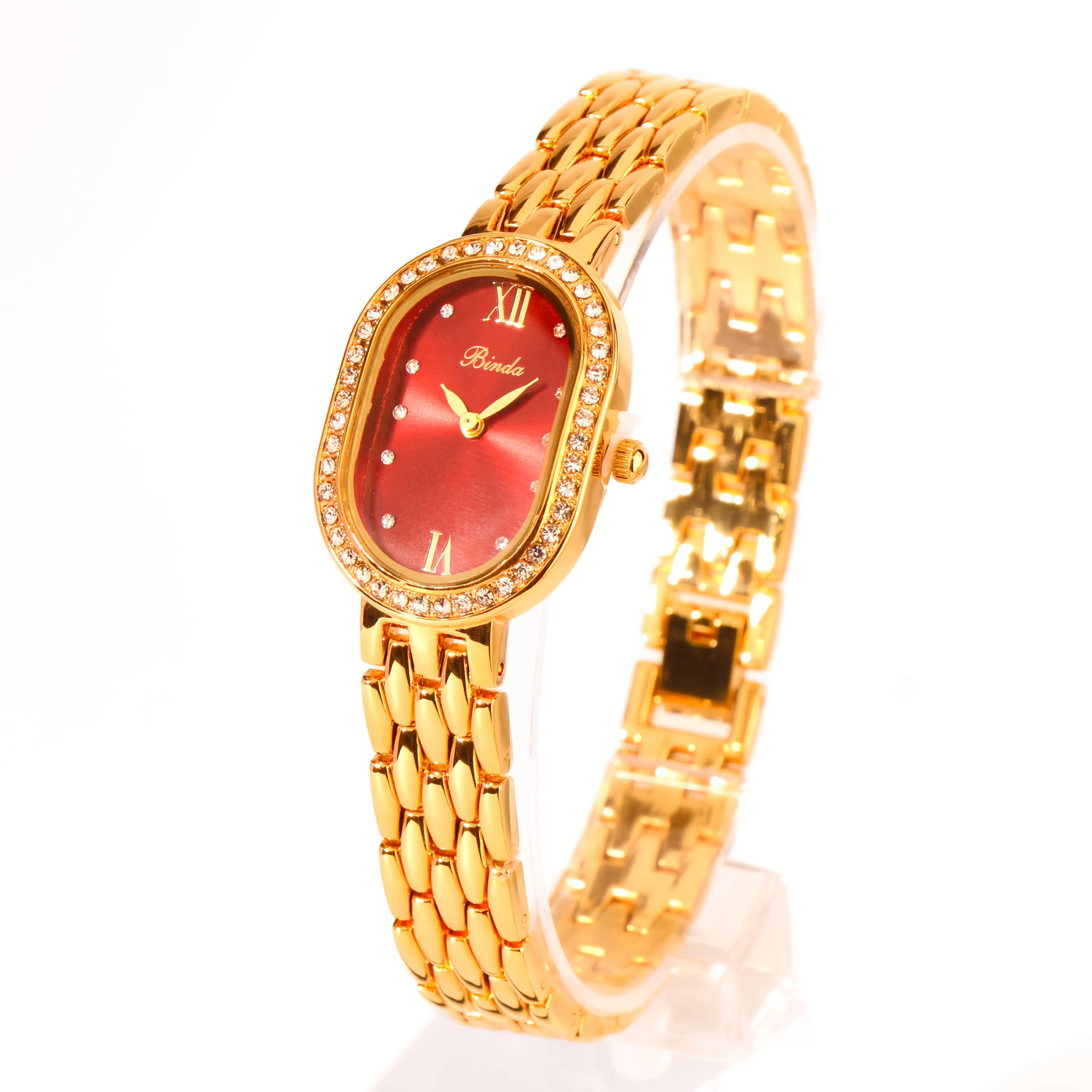 ساعة بيندا كوارتز نسائية بمينا بيضاوي عتيق وحجر الراين مع صندوق هدايا