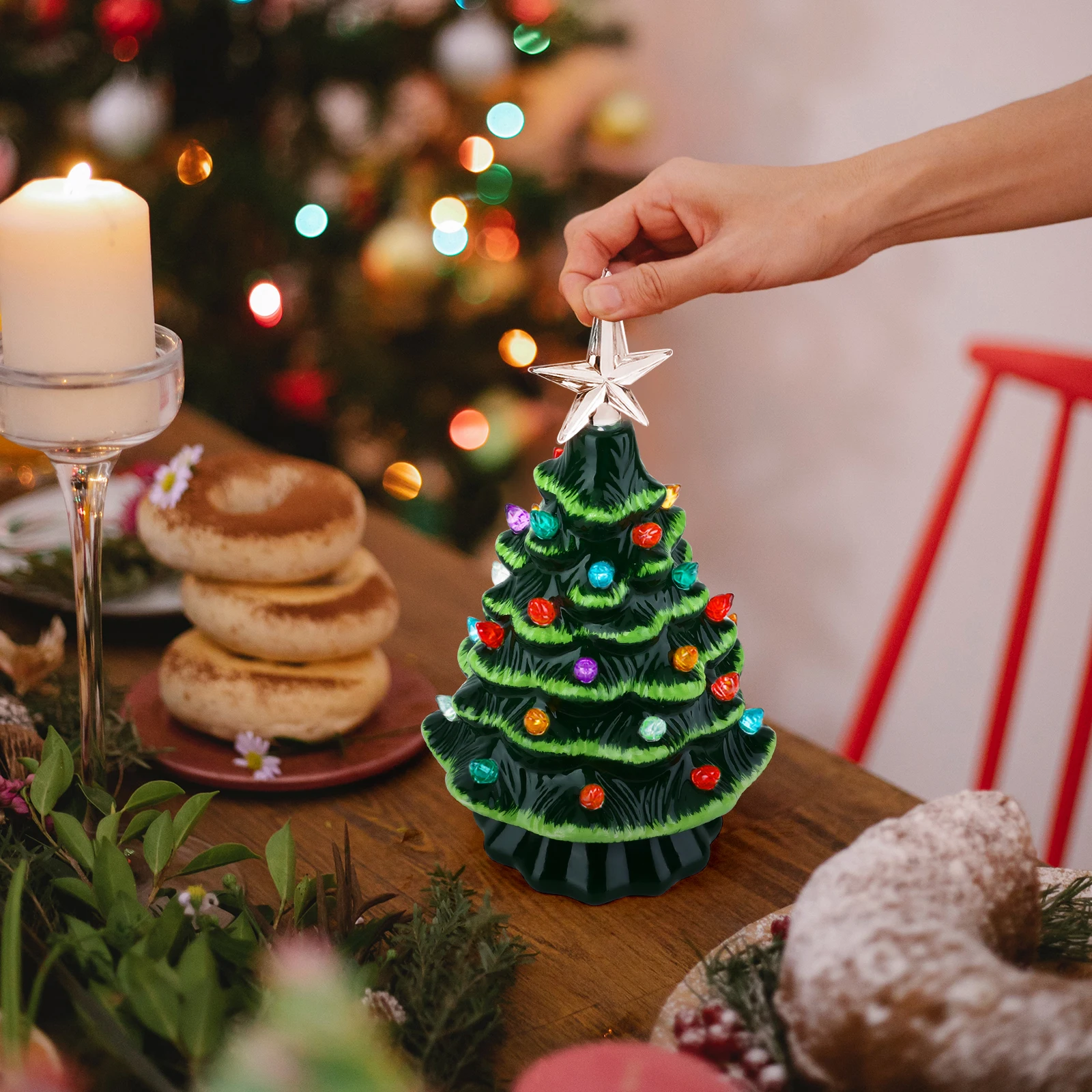 7 Inches Ceramic Christmas Tree Vintage Green Tabletop Christmas Tree with Tree Topper Star and Multicolored Lights for Desktop