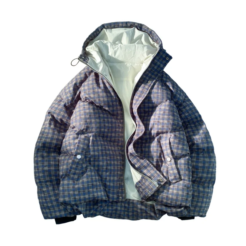 New Retro Fashion Grid Men Jacket Winter Thicken Keep Warm Hooded Parka Outdoors Loose  Comfortable Casual Versatile Men Coat
