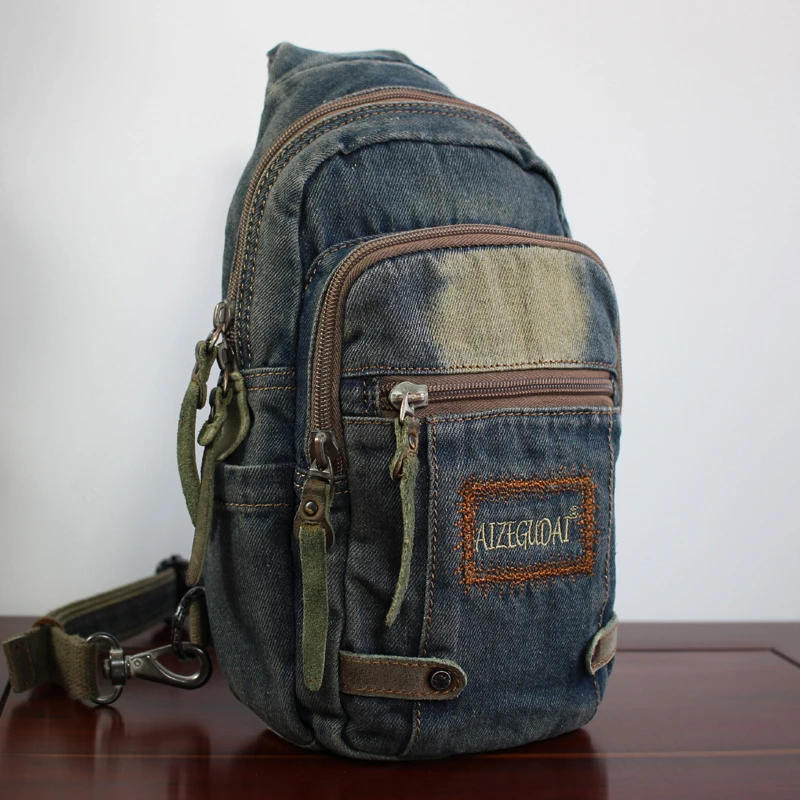 Retro Ethnic Style Men's Denim Crossbody Bag Casual Single Shoulder Sporty Multi-pocket Women's Bag Trendy Chest Bag