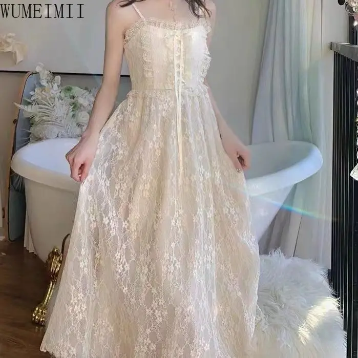 

Lace suspender dress for women 2025 large size super fairy waist thin gentle wind large size long skirt