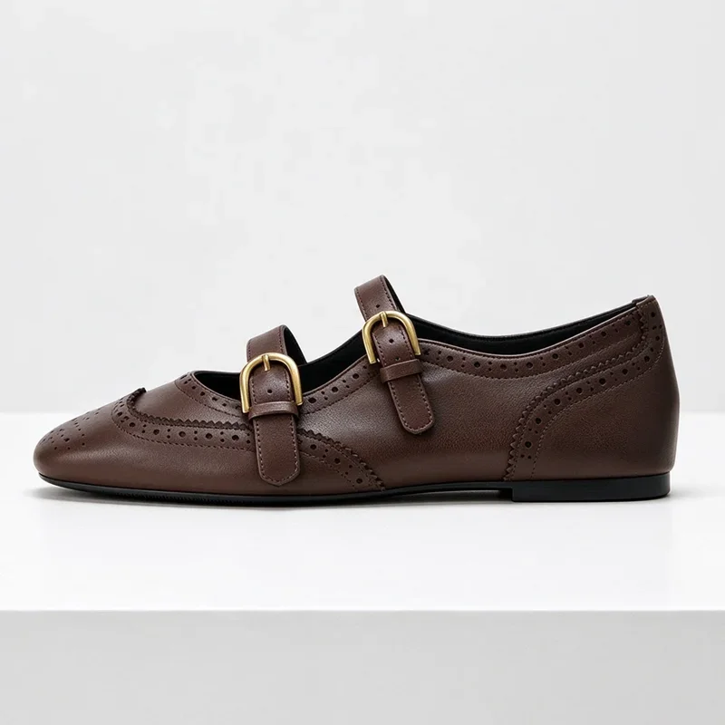 Brown Leather Adjustable Metal Buckle Ballet Flats Women Stylish Square Toe Comfort Loafers Baroque Style Detail Ballet Sneaker