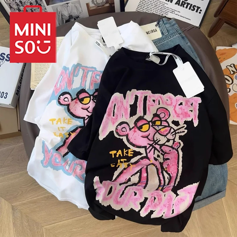 

MINISO The Pink Panther T-shirt Cartoon Fashion Man Woman Summer Cotton Print Short Sleeved Shirt Casual Loose Street Top Gifts