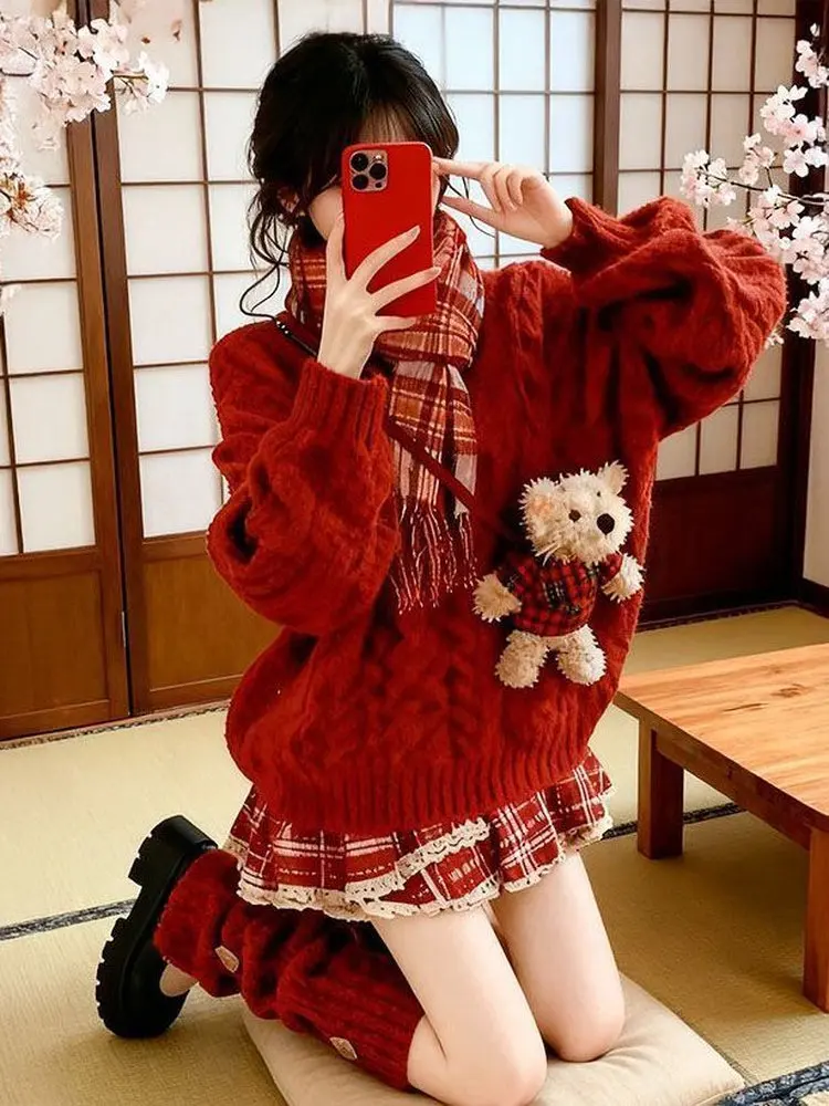 

Red Knitted Twisted Sweater And ort Skirt Two-Piece Set for Women Student Faion Ensemble Korean Sle Winter Outfit