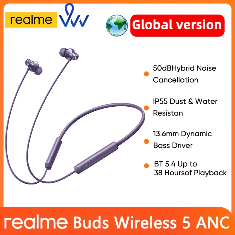 Original New realme Buds Wireless 5 ANC 13.6mm Dynamic Bass Driver Bluetooth5.4 50dB Hybrid Noise Cancellation Wireless Earphone