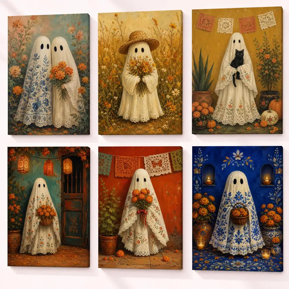 Boho Folk Ghost Halloween Framed Wall Painting Framed Paintings for Home Decor Wall Art Room Decoration Murals