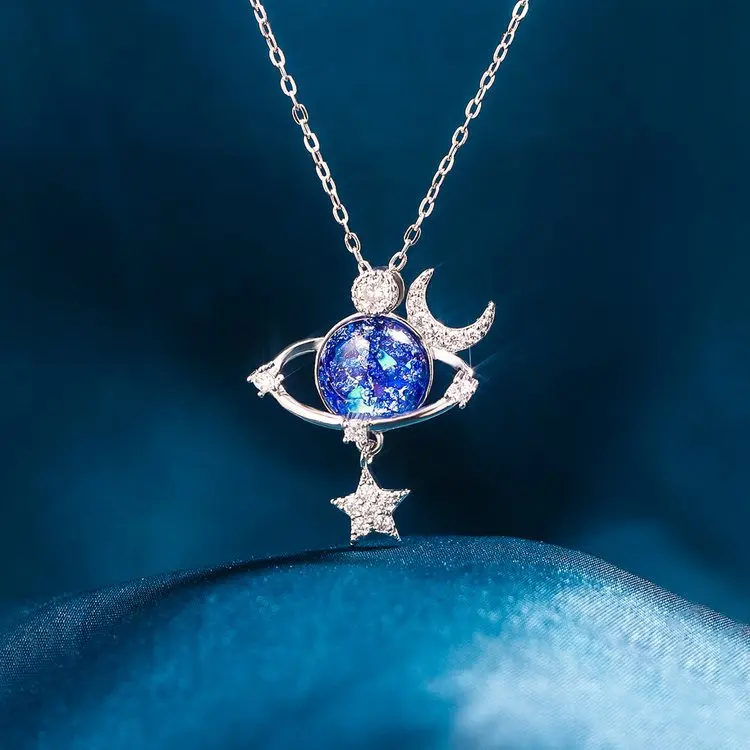 

Elegant Blue Planet Star Moon Pendant Necklace For Women Exquisite Zircon Choker Clavicle Chain Necklace Korean Fashion Jewelry