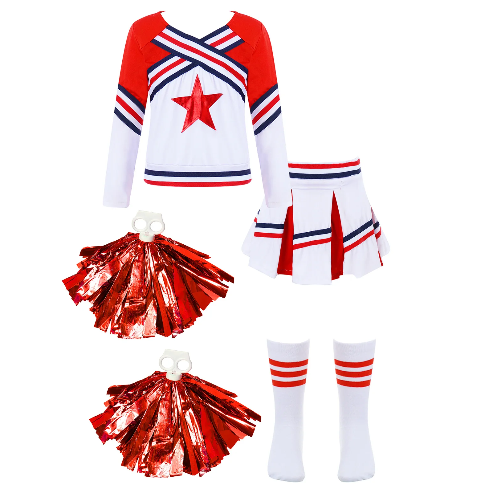 

Kids Girls Dance Cheerleading Costumes Long Sleeve Star Printed Tops with Skirt 1 Pair Socks And 1 Pair Flower Balls Competition