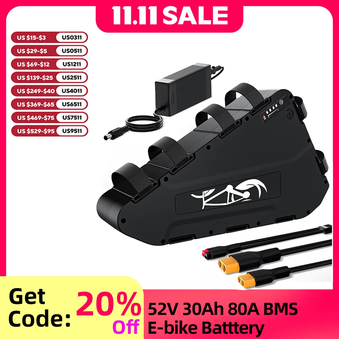 

52 В 30 Ач треугольная литиевая батарея для электровелосипеда, аккумулятор для электрического велосипеда 21700 80A BMS для двигателя 100 Вт-4100 Вт с зарядным устройством 4 А
