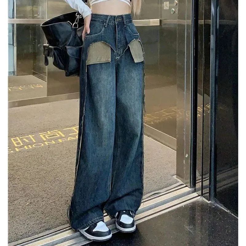 

Осенние женские лоскутные прямые ковбойские брюки, корейские женские джинсовые брюки с высокой талией, 2025 г., расширенные женские широкие джинсы с карманами