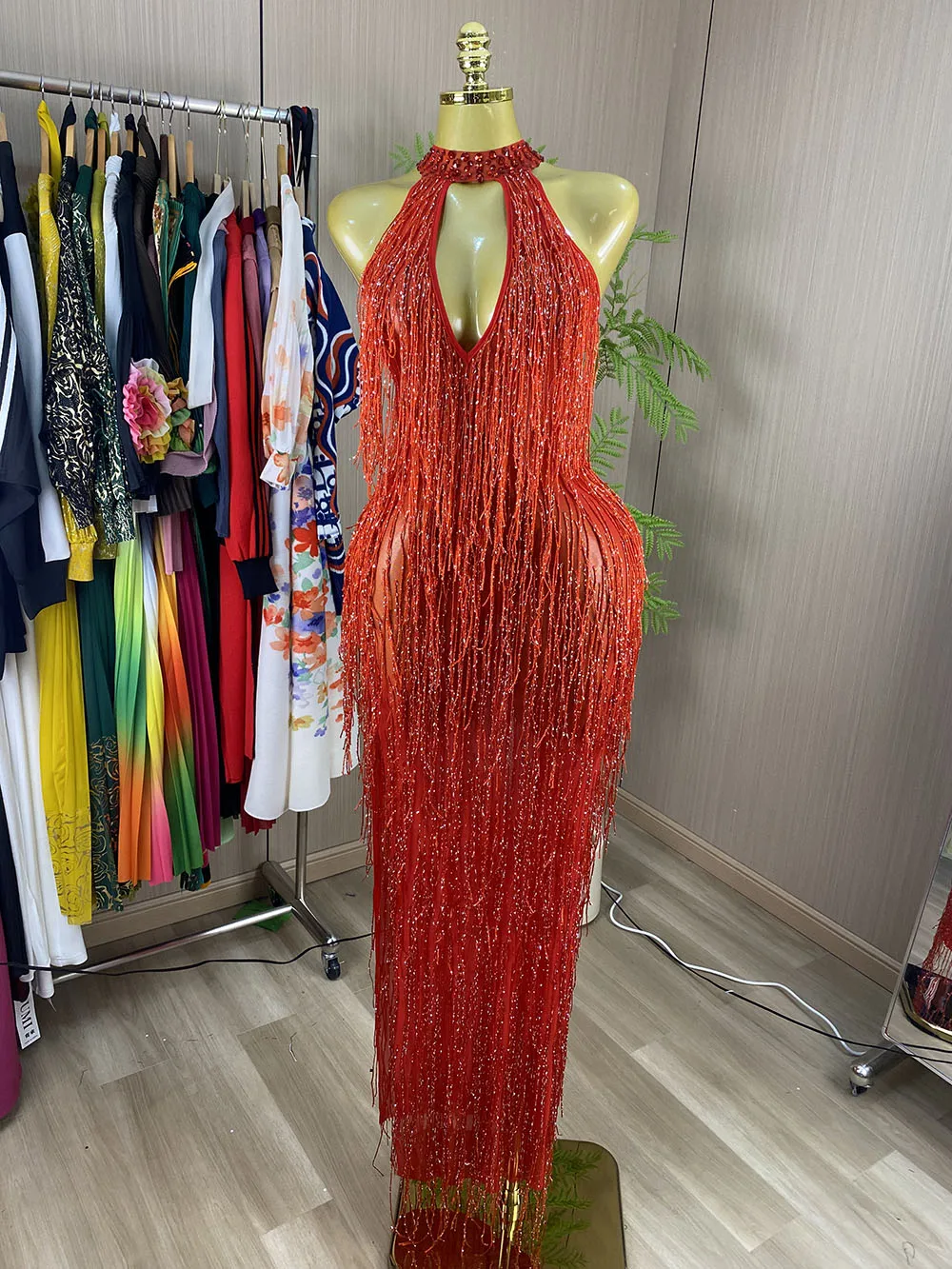 Women’s Halter-Neck Fringe Maxi Dress – Ideal for Concerts, Dance Performances, Parties, and Formal Evening Events-GZXX1223