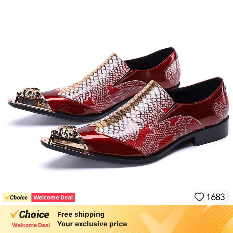 

Italian men's handmade loafers, red pointed men's dresses, formal shoes, snake print wedding office men's business leather shoes