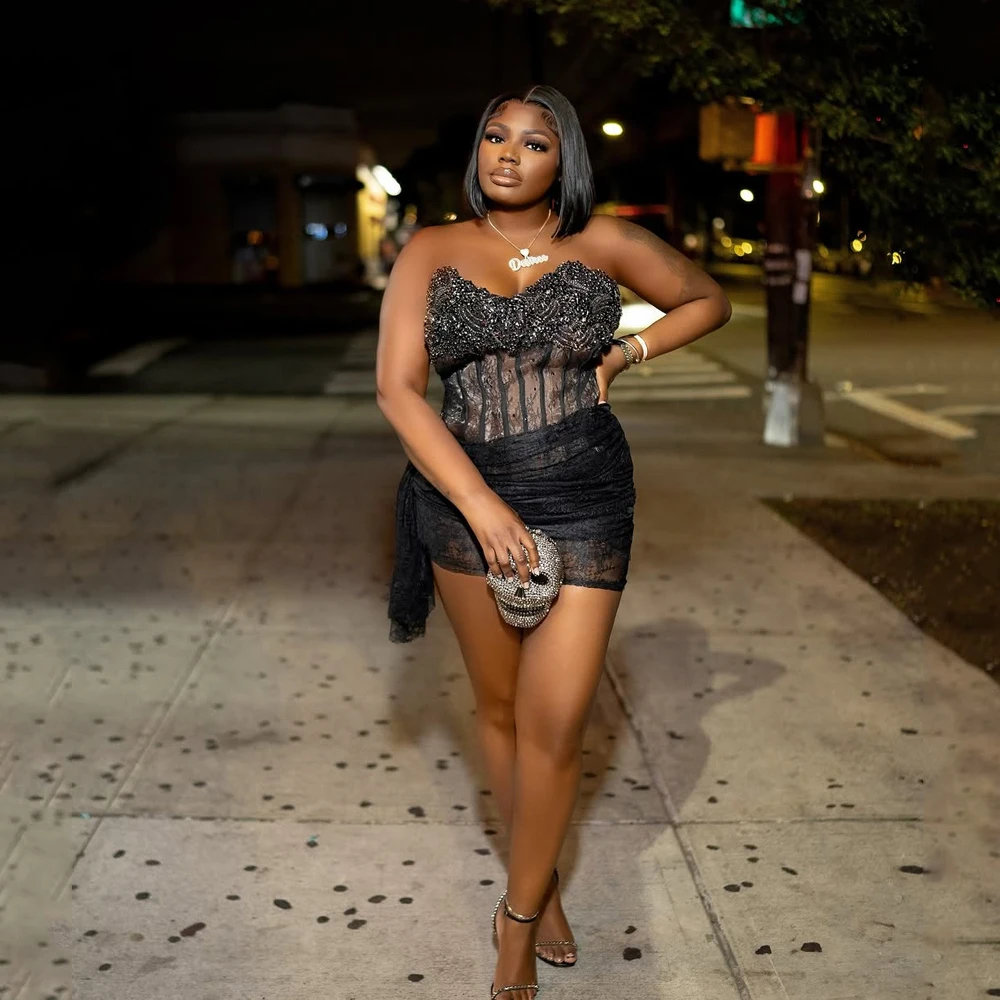 Zwarte verjaardagsfeestje jurk voor Afrikaanse meisjes luxe kralen korte kanten galajurk backless mini-cocktailjurk 2025, aangepast