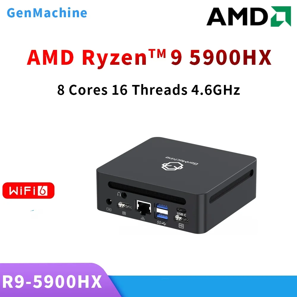 GenMachine Mini-PC AMD Ryzen ™   9 5900HX DDR4 M.2 SSD 8 Core 16 Threads, 3,3 GHz bis zu 4,6 GHz, TDP: 45 W WIFI6 Wireless Mini Computer