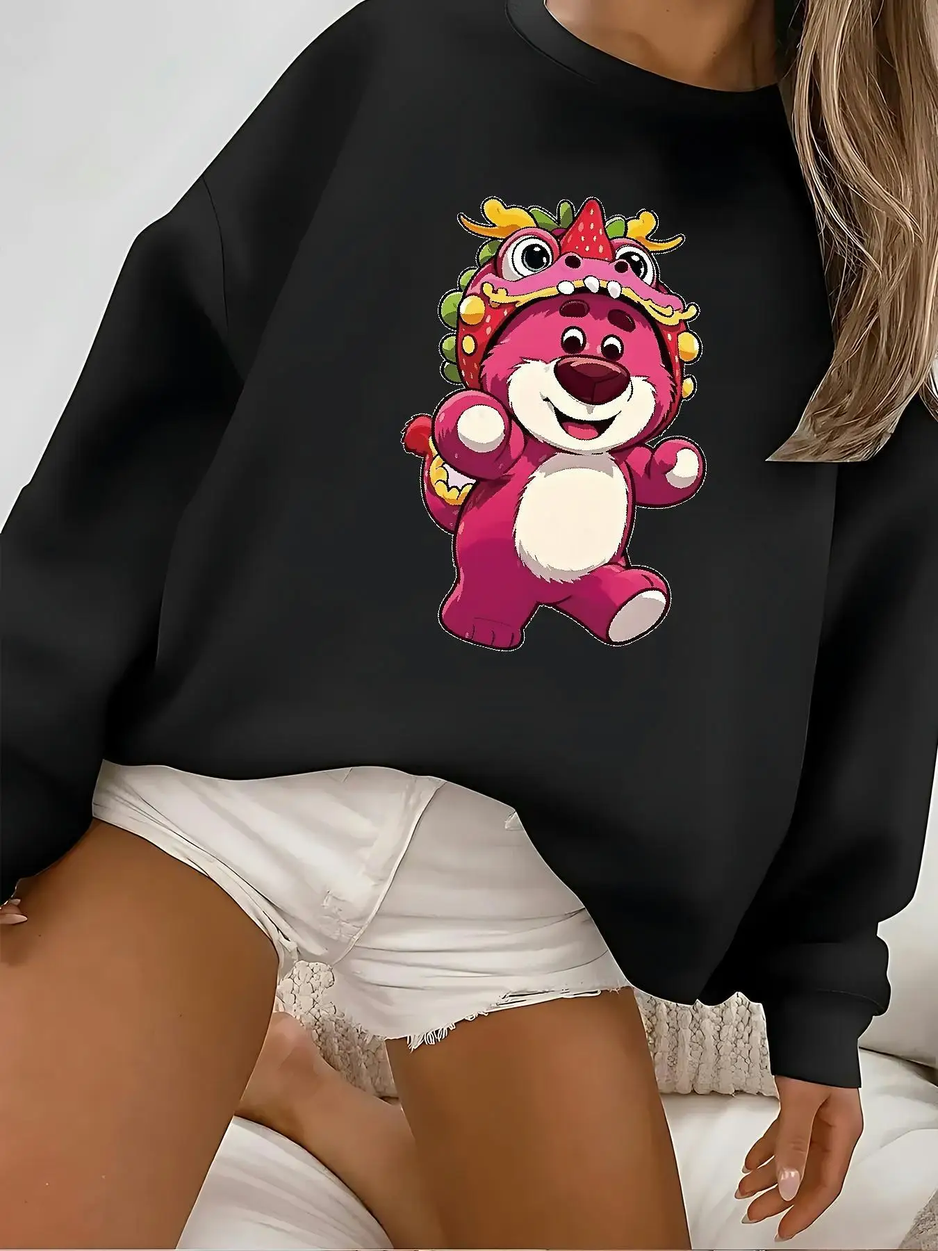 Disney Lotso Pullover Sweater Fashion Oversized Unisex Crew Neck Sweater Autumn and Winter Fleece Casual Street Wear