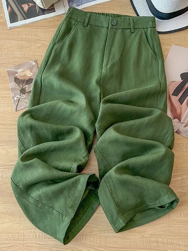 

Summer Green Linen Straight Leg Trousers plus Size Women's Thin Lyocell Linen Casual Pants Wide Leg Pants Nine Points