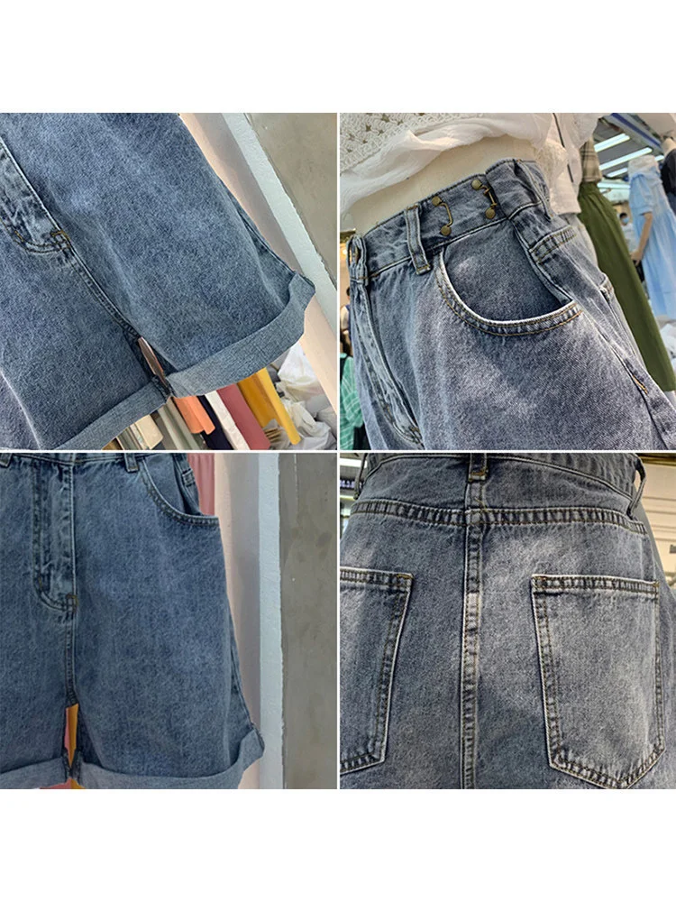 Vintage Washed Roll Cuff Denim Shorts Women High Waist Adjustable Side Button Loose Wide Leg Jean Shorts ﻿