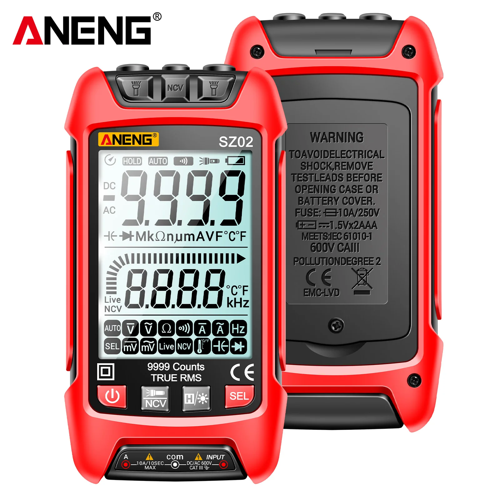 

ANENG SZ02 Digital Multimeter Transistor Smart Testers 9999 Counts True RMS Auto Electrical Capacitance Meter Temp Resistance