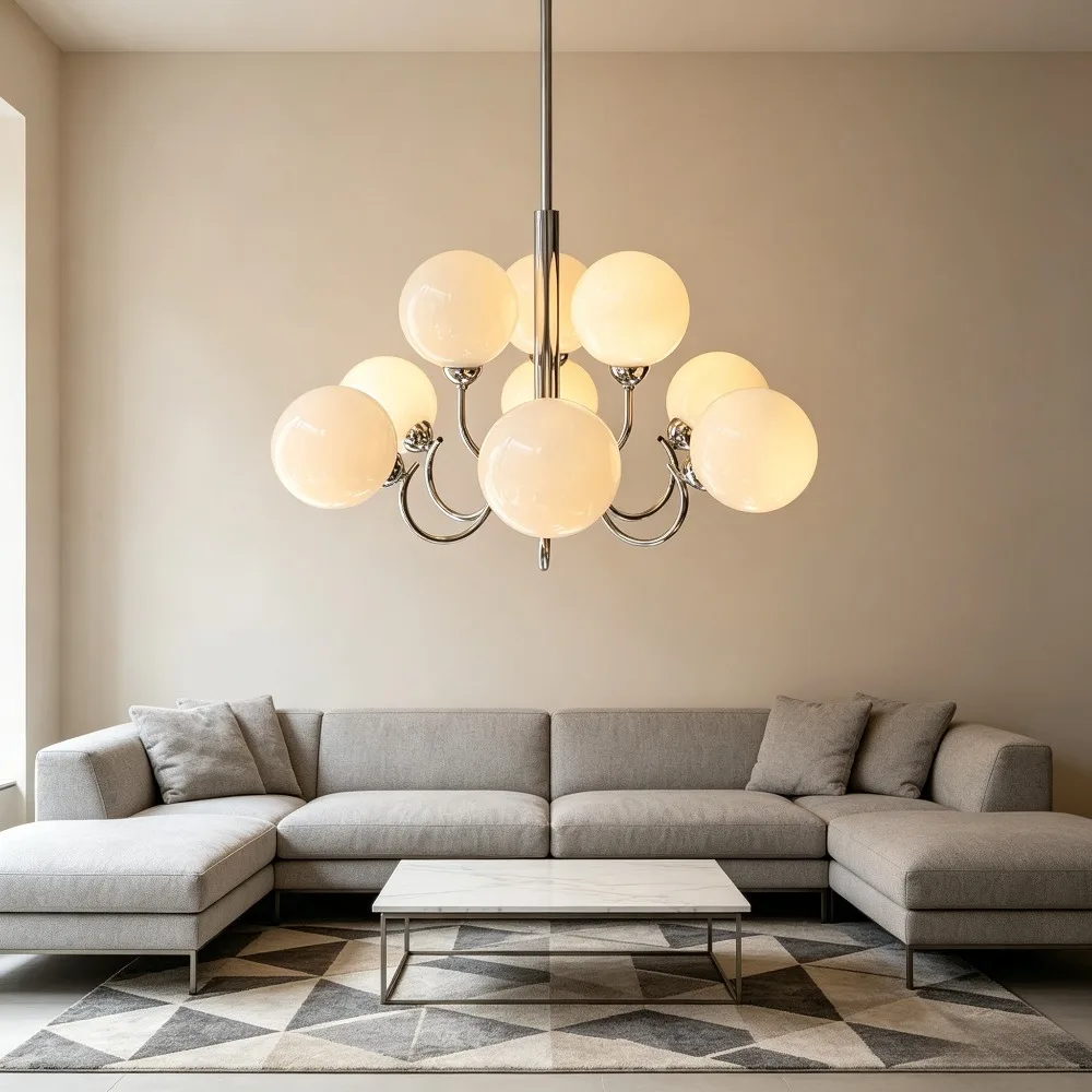 Italian White Glass Ball Hanging Lamp Silvery Wrought Iron Ceiling Chandeliers Living Room Bedroom Restaurant Kitchen Chandelier