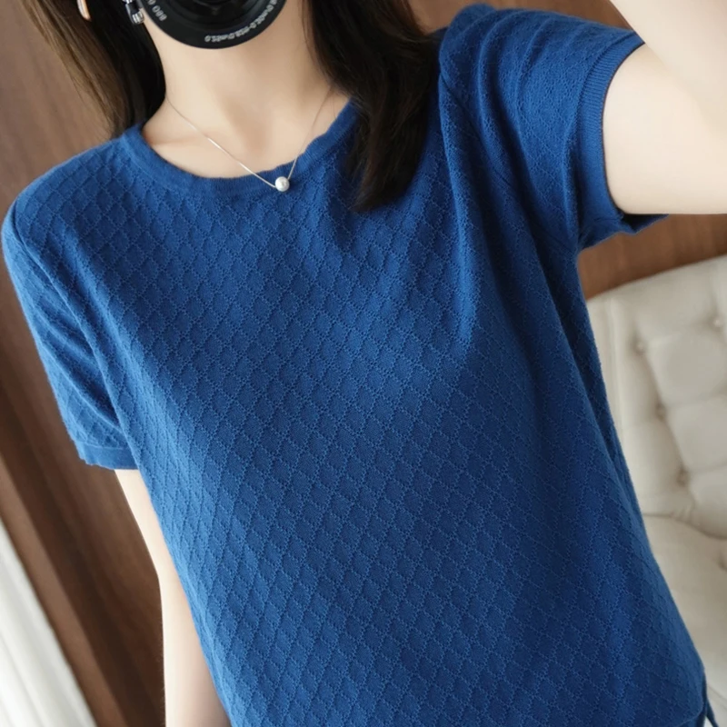 Plaid Knitted T Shirt Women Short Sleeve O-Neck Tee Shirt Korean Fashion Womens Clothing T Shirts Summer Tops Camisetas Mujer