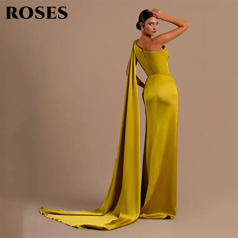 ROSES-Vestidos de cetim com pregas, vestido de baile, sem mangas, um ombro, fenda lateral, divisão alta, festa, sexy